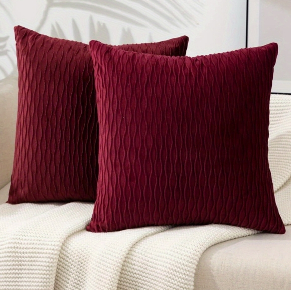 Set of 2 Red Wine Soft Ripple Corduroy Velvet Pillow Covers Maroon Pillows New - Picture 7 of 10